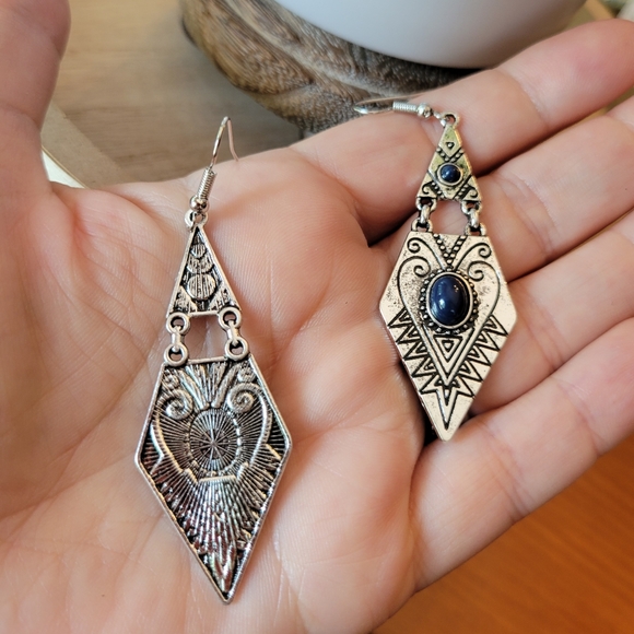 Lapis Geometric Aztec Scrolled Hinge Dangle Earrings - Picture 7 of 8